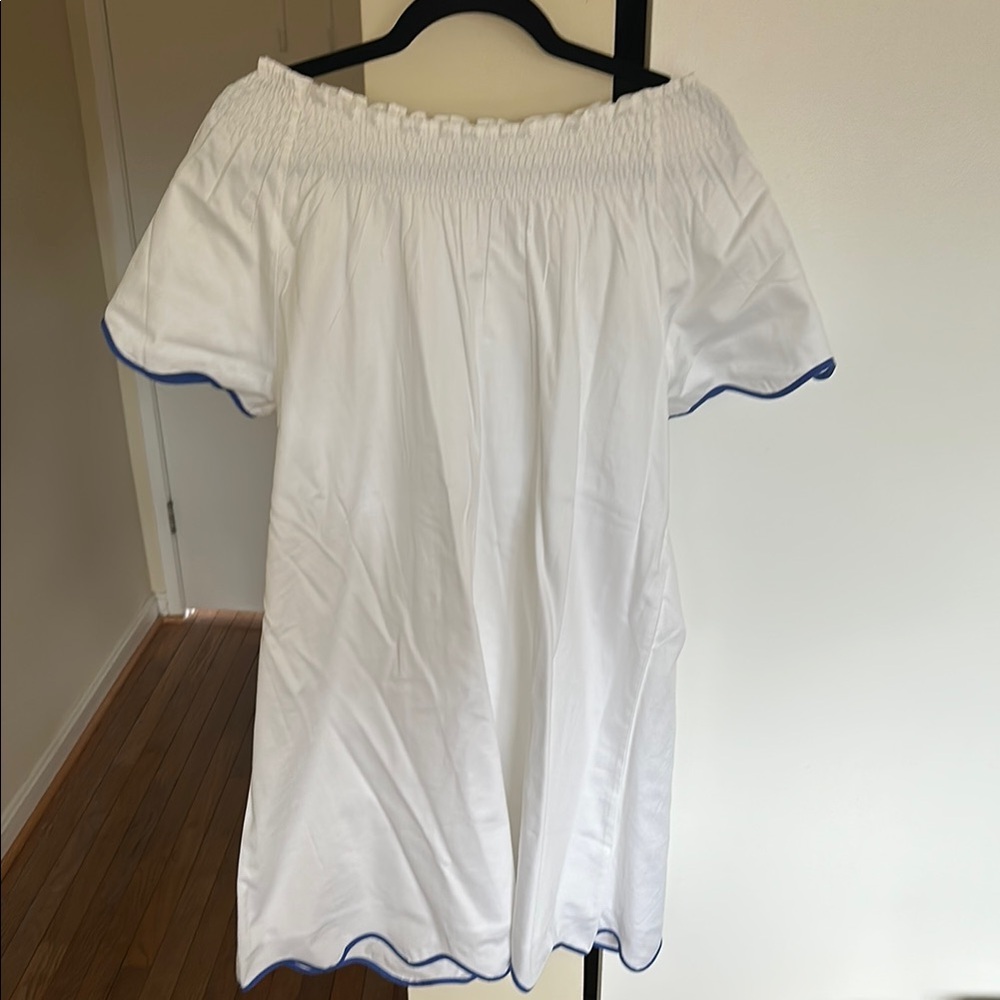 White Off-Shoulder Top with Blue Trim
